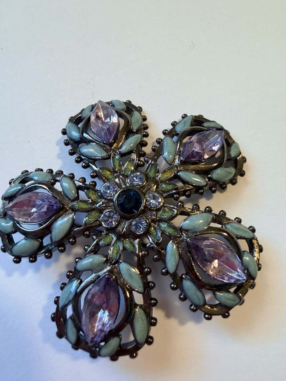 White House Black Market Purple Marquise Crystal and Enamel Flower Brooch